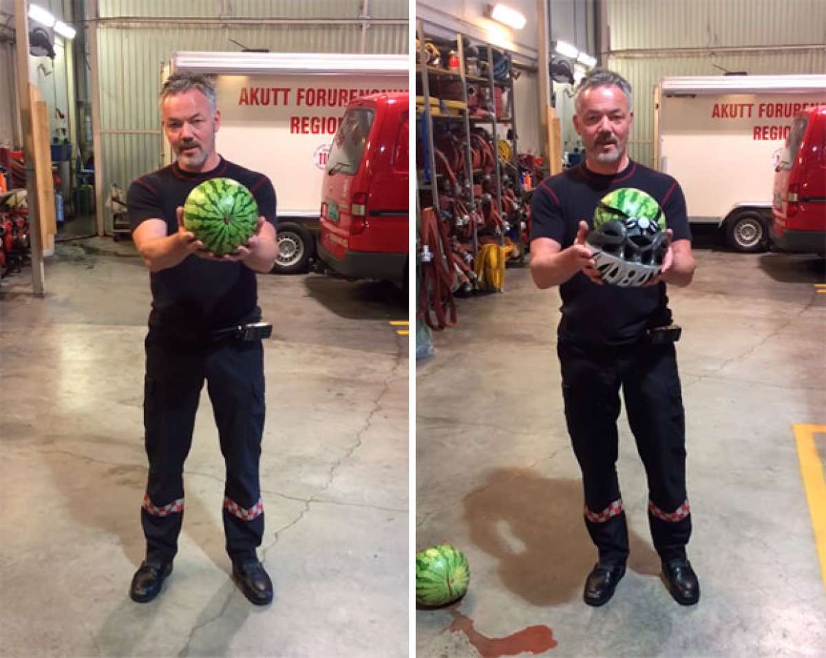 La importancia de llevar casco sobre una bicicleta, explicada por un bombero con una sandía