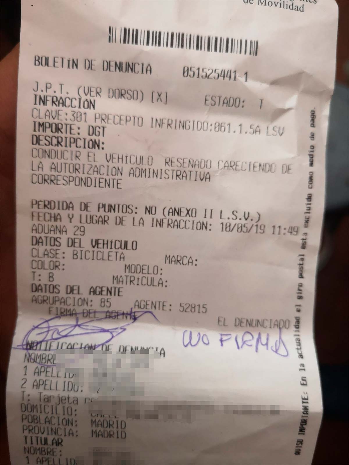 Multado un ciclista en Madrid por no tener 'el permiso de circulación' de su bicicleta