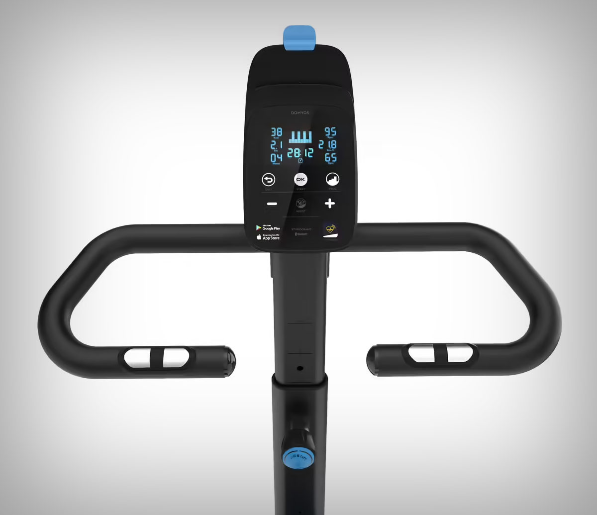 Domyos 520, una bicicleta estática autoalimentada (sin cables) compatible con Kinomap ideal para usar en familia