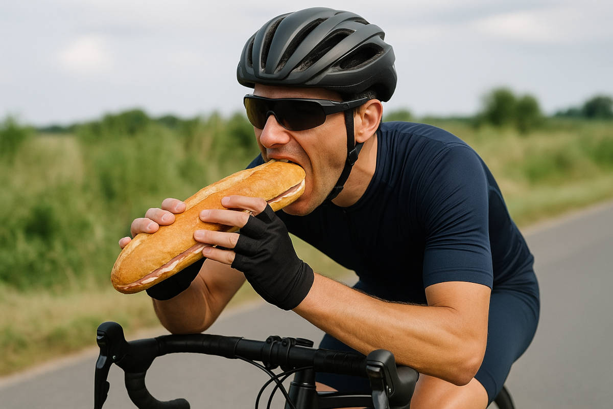 Ciclista comiéndose un bocadillo de tamaño grande. Imagen: TodoMountainBike