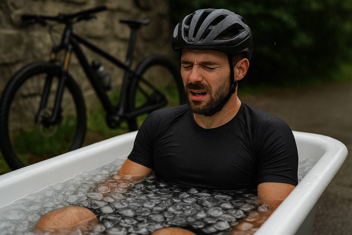 Ciclista tomando un baño de agua helada. Imagen: TodoMountainBike