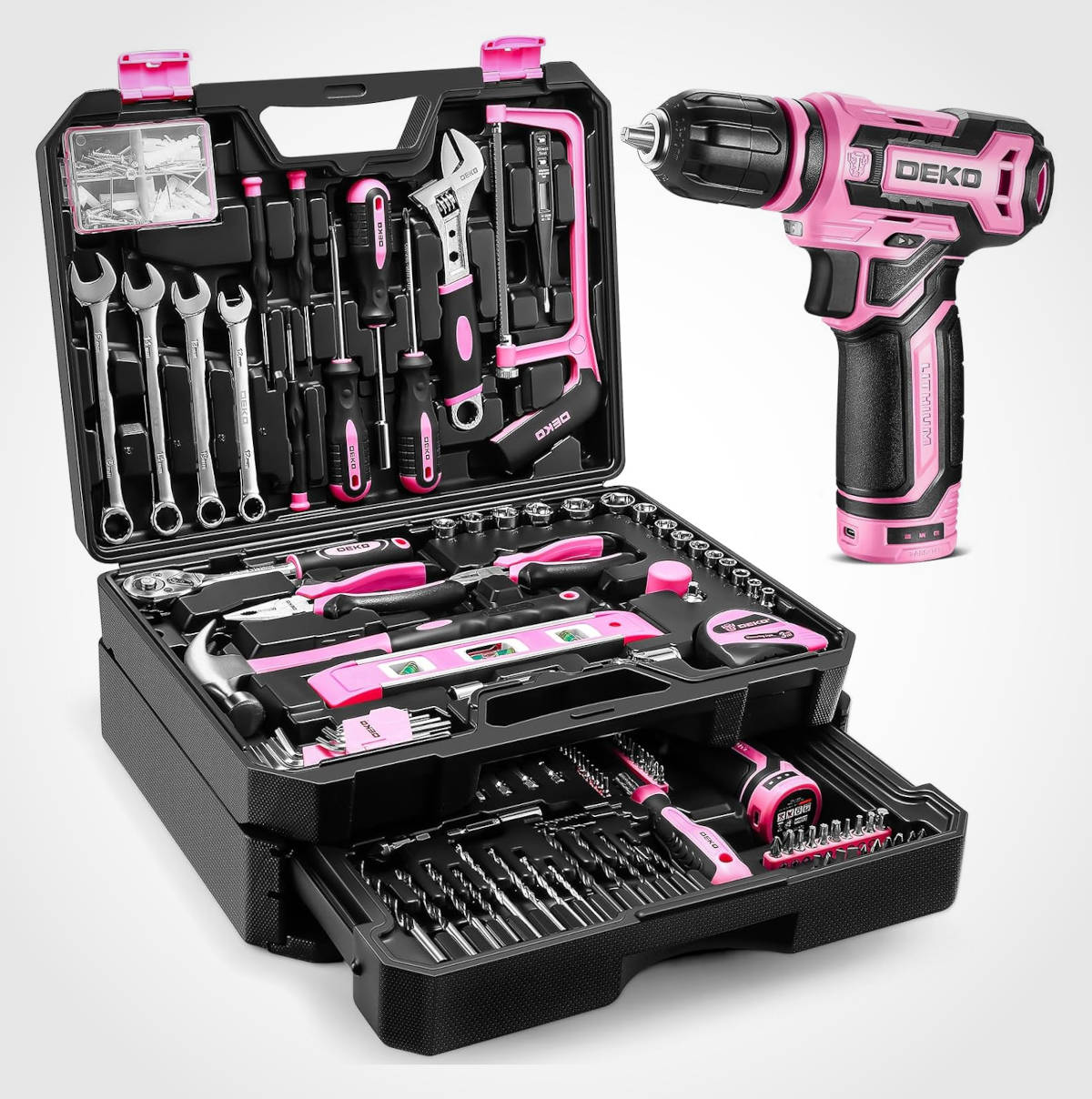Caja DEKO de 238 herramientas con taladro. Imagen: DEKO