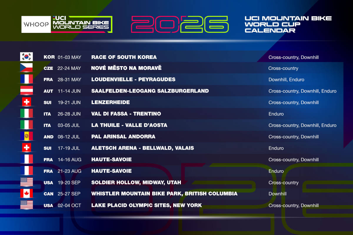 Calendario oficial de la Copa del Mundo de Mountain Bike 2026. Imagen: WHOOP UCI Mountain Bike World Series