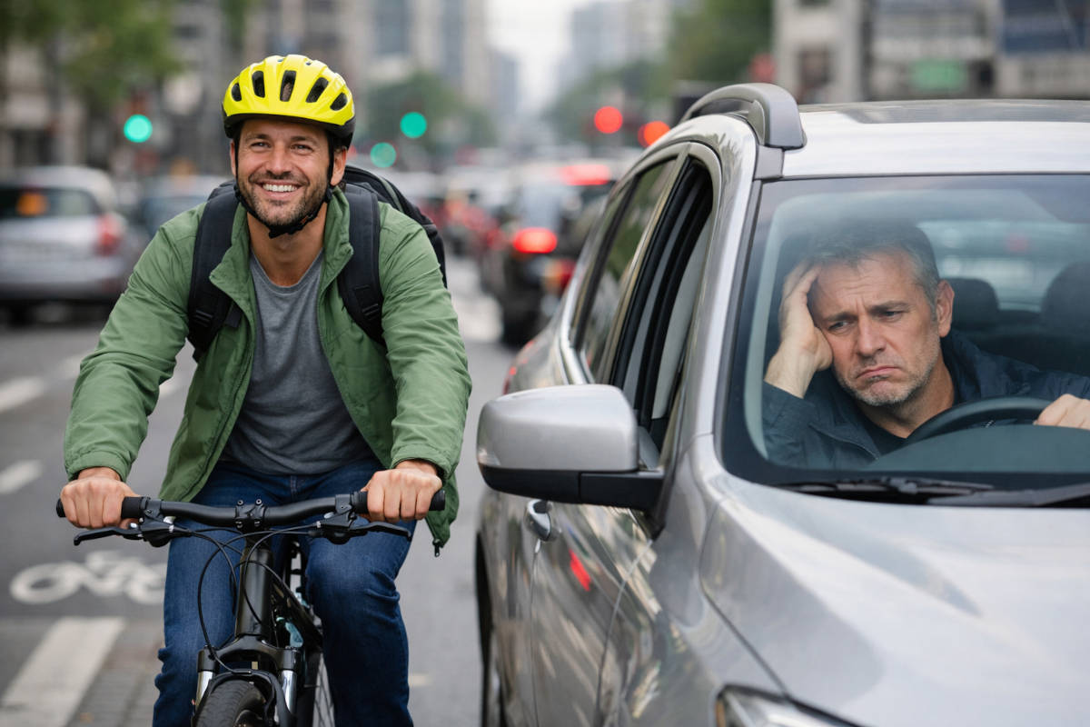 Ciclista feliz y conductor frustrado. Imagen: TodoMountainBike