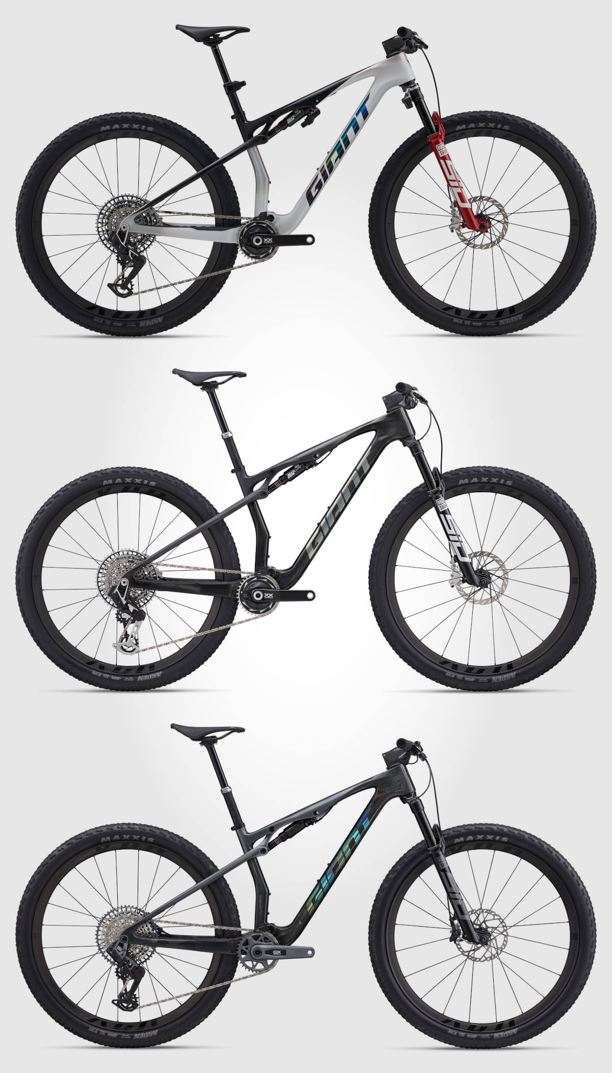 De arriba hacia abajo: Giant Anthem Advanced SL SE, Giant Anthem Advanced SL 0 y Giant Anthem Advanced SL 1. Imagen: Giant Bicycles