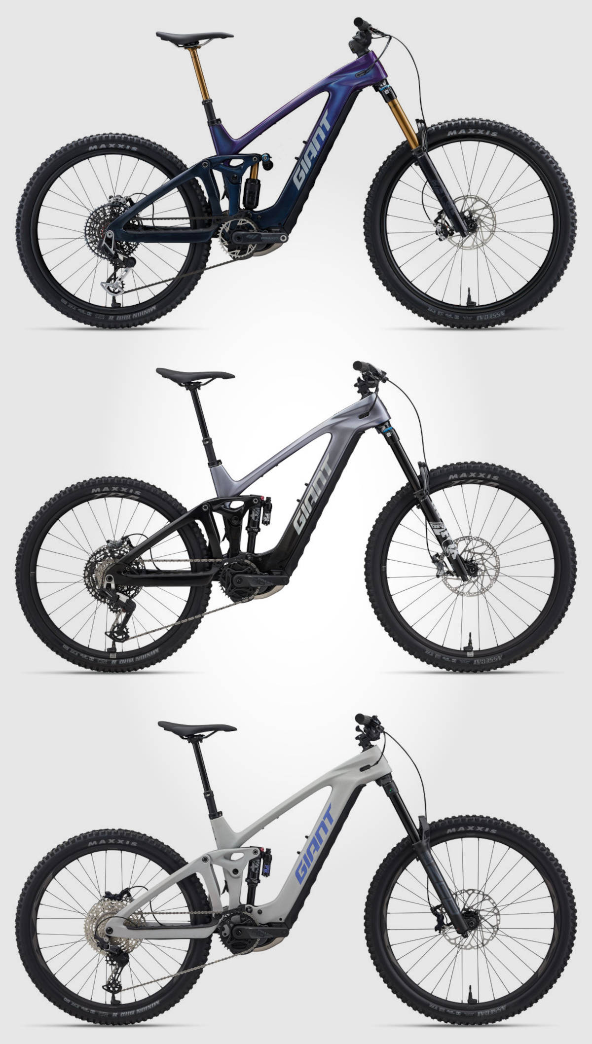 De arriba hacia abajo: Reign Advanced E+ 0, Reign Advanced E+ 1 y Reign Advanced E+ 2. Imagen: Giant Bicycles