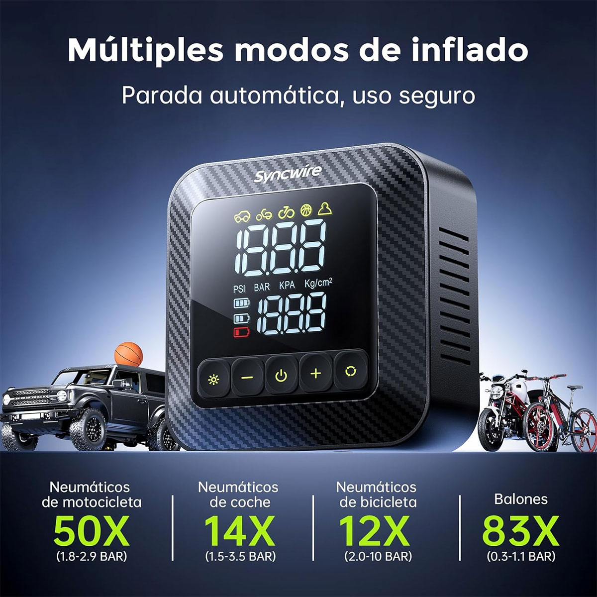 Mini compresor Syncwire: inflado rápido y fiable para bicicletas, motos, coches y otras necesidades