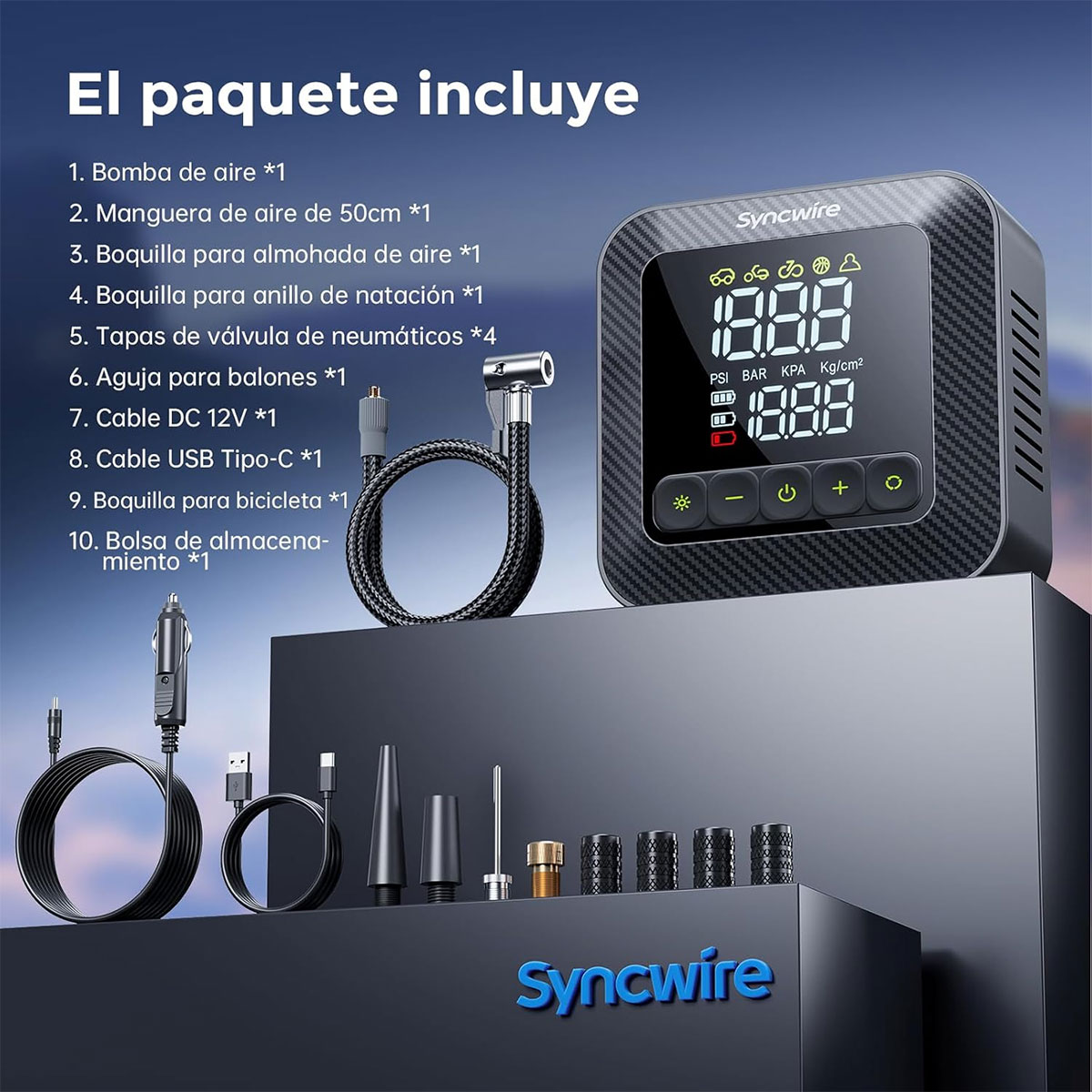 Mini compresor Syncwire: inflado rápido y fiable para bicicletas, motos, coches y otras necesidades