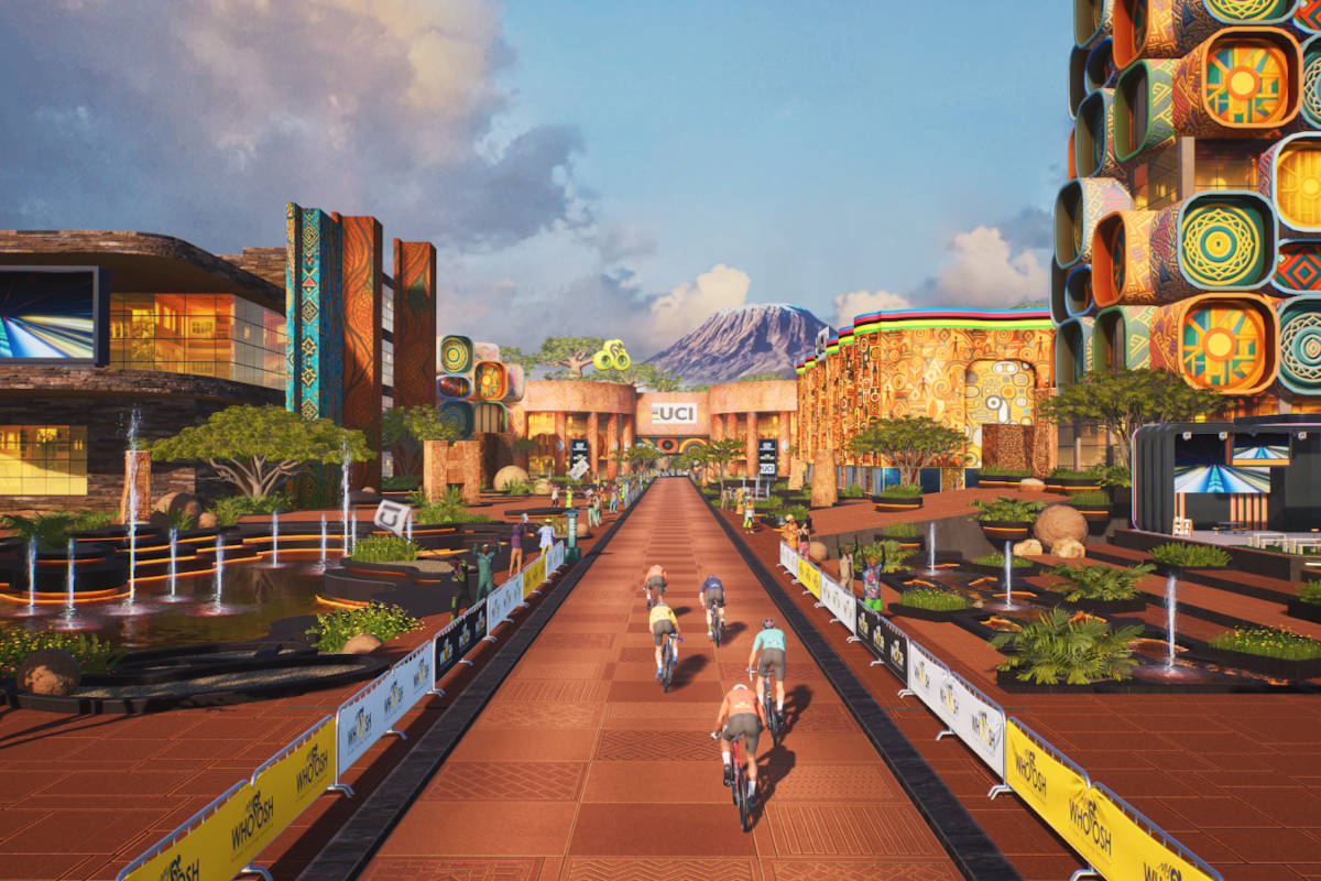 Nuevo mundo UCI inspirado en África. Imagen: MyWhoosh