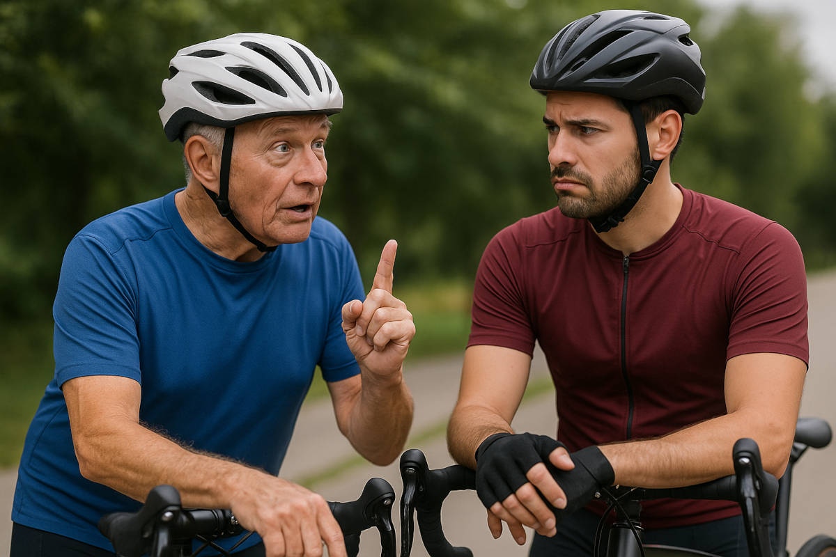 Ciclista veterano dando consejos a ciclista más joven. Imagen: TodoMountainBike