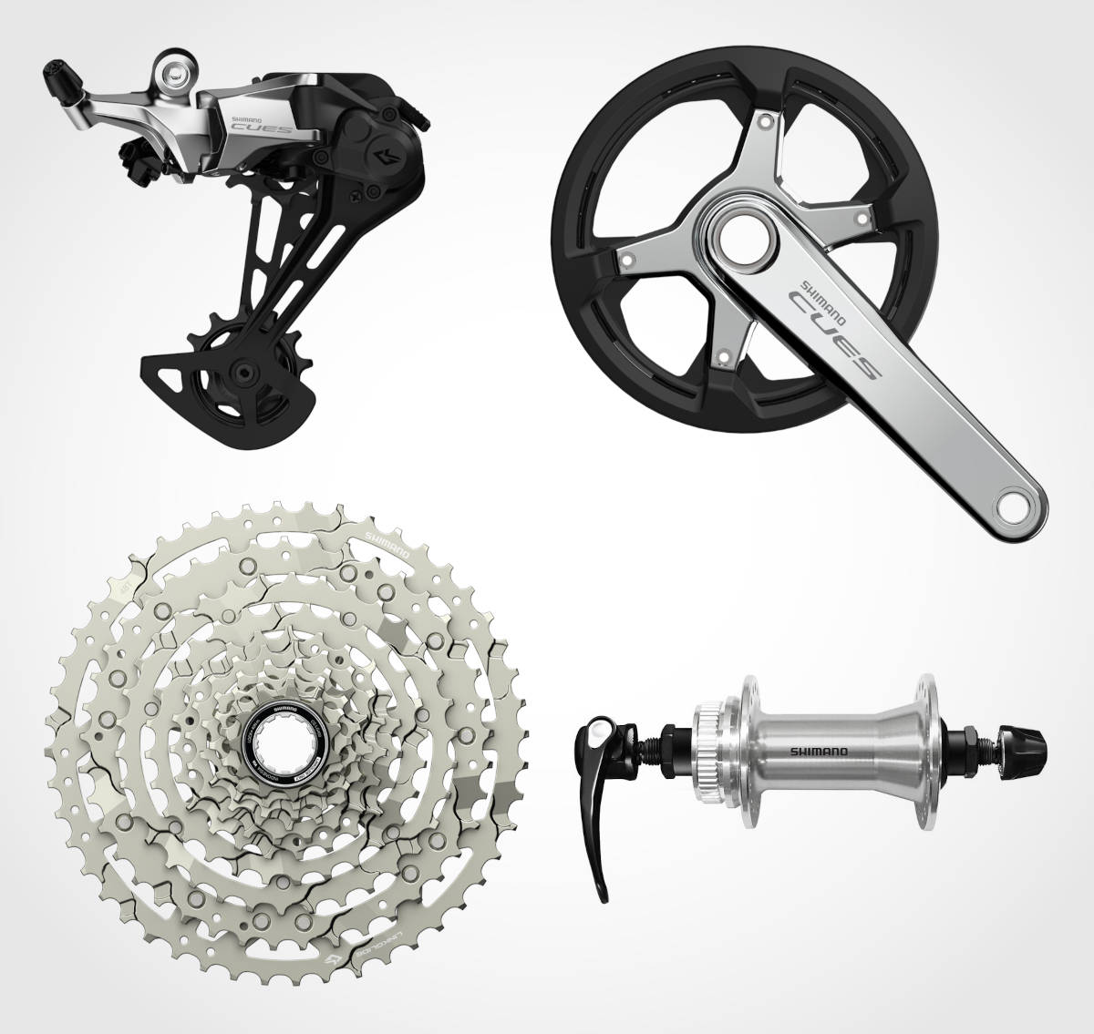 Grupo Shimano CUES en aluminio pulido. Imagen: Shimano