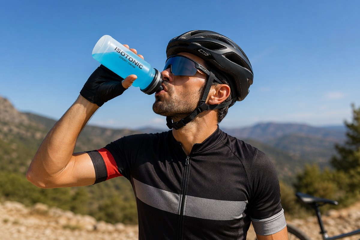 Ciclista en la montaña tomando una bebida isotónica. Imagen: TodoMountainBike