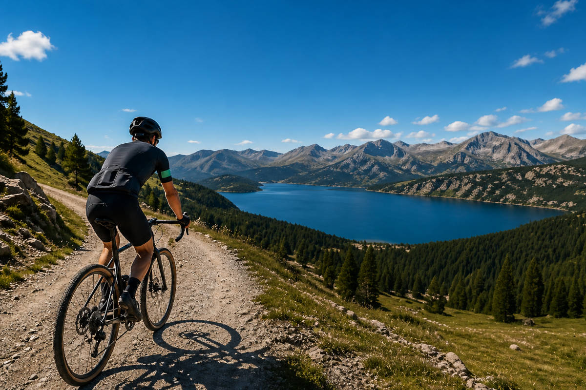Ruta de gravel con vistas a lago y montañas. Imagen: TodoMountainBike