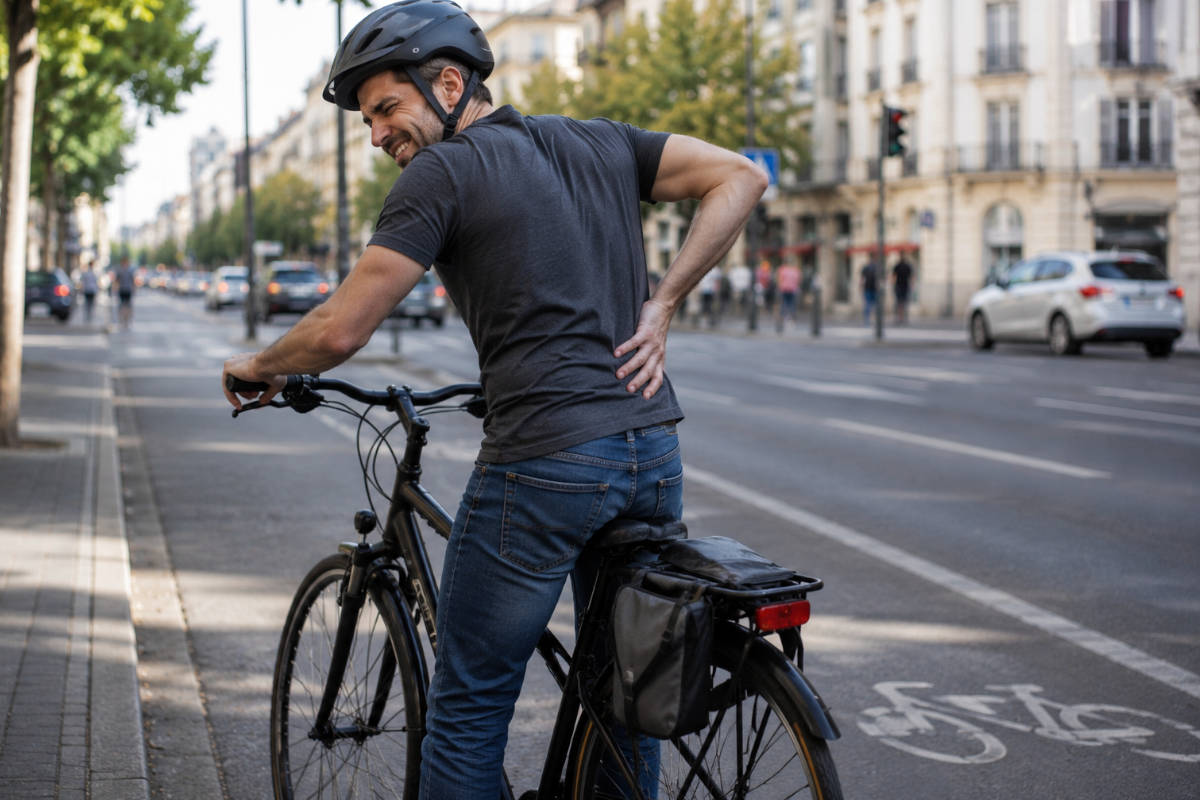 Ciclista con dolor de espalda en ciudad. Imagen: TodoMountainBike