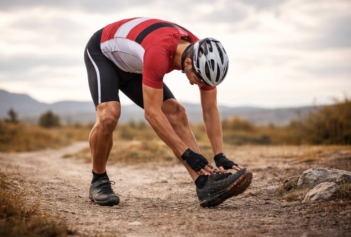 Ciclista estirando en el sendero. Imagen: TodoMountainBike