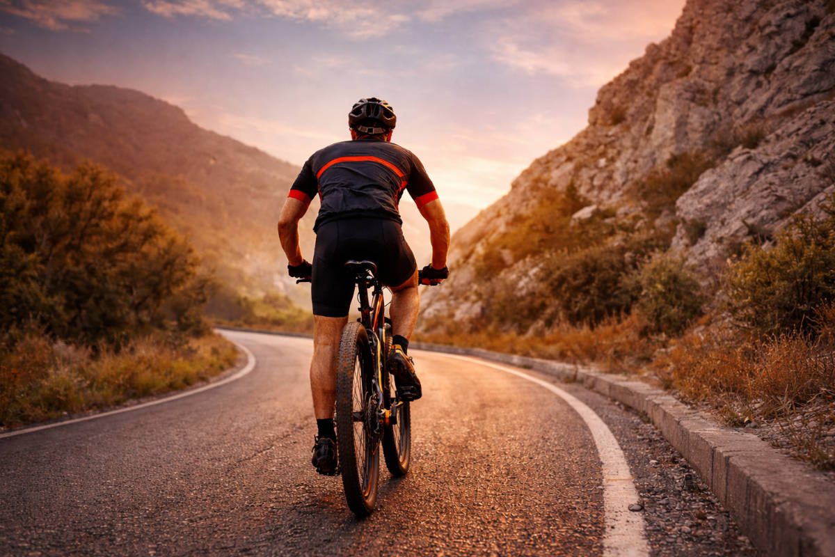 Ciclista en ruta montañosa al atardecer. Imagen: TodoMountainBike