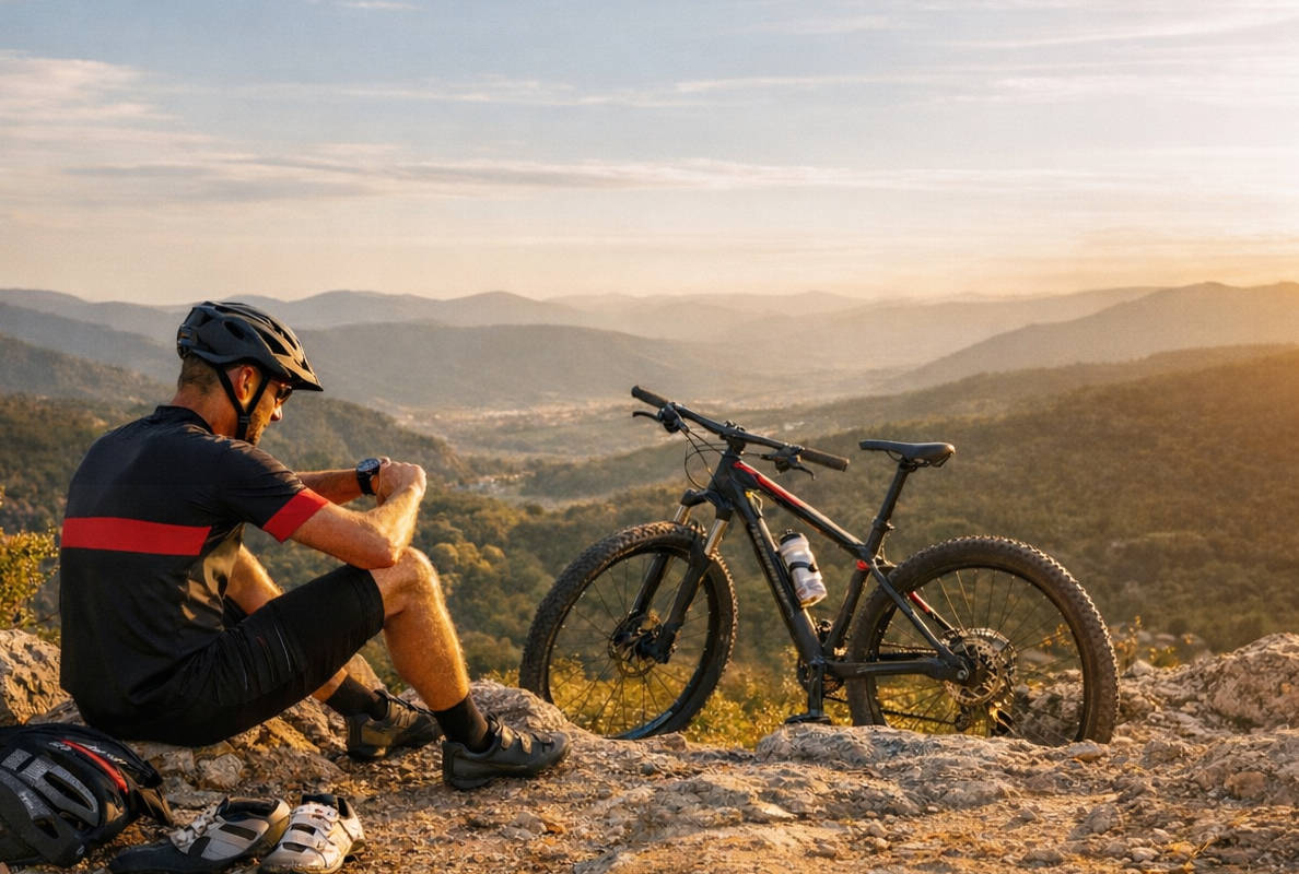 Ciclista descansando al atardecer. Imagen: TodoMountainBike