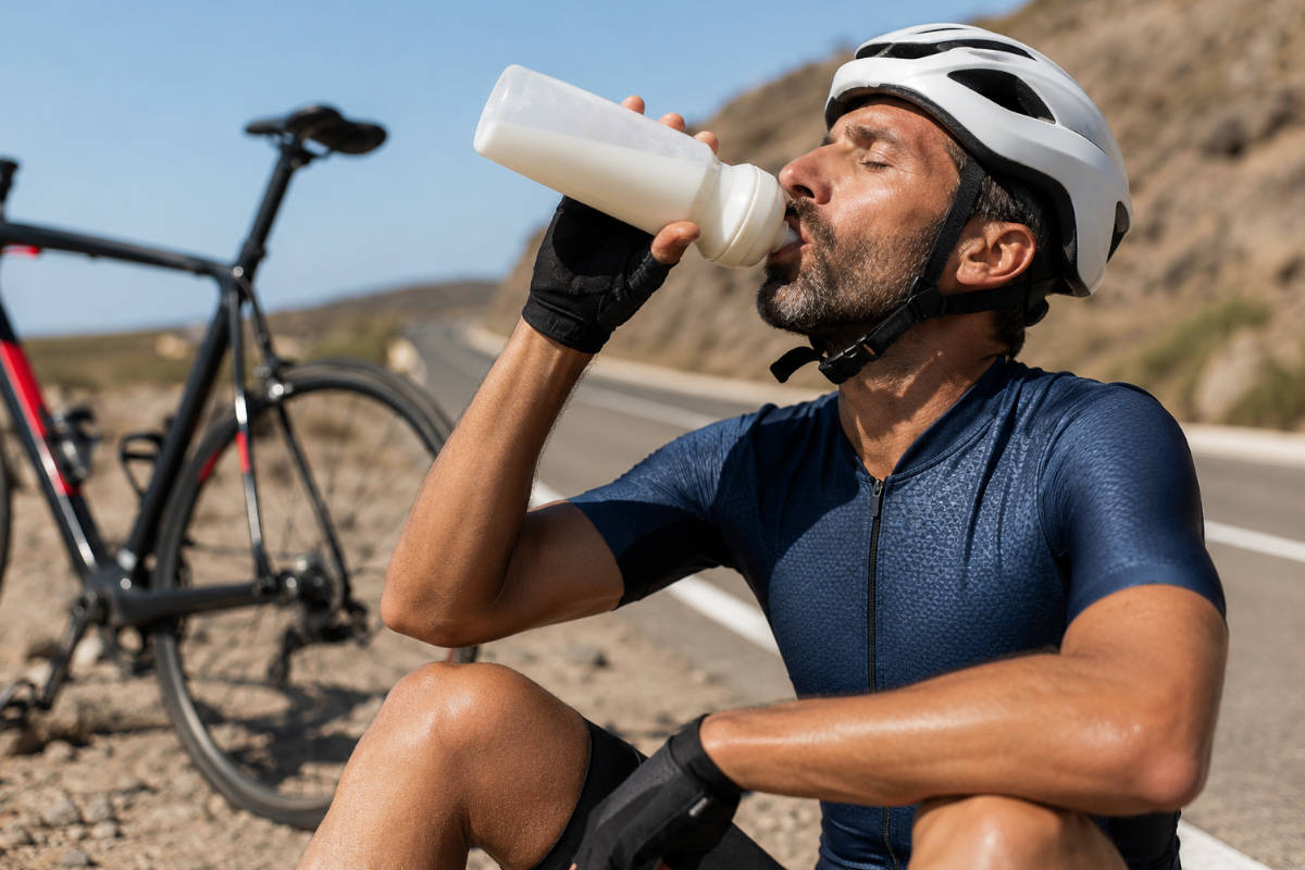 Ciclista bebiendo leche junto a una carretera. Imagen: TodoMountainBike