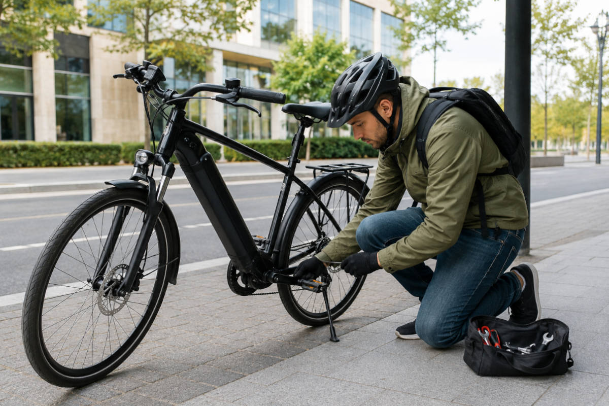 Ciclista haciendo un mantenimiento a la bici en la ciudad. Imagen: TodoMountainBike