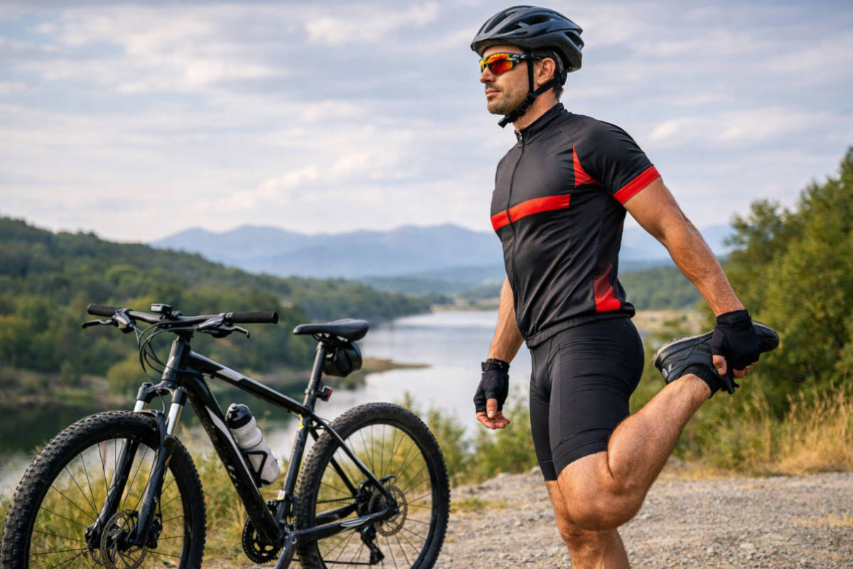 Ciclista estirando antes de salir. Imagen: TodoMountainBike