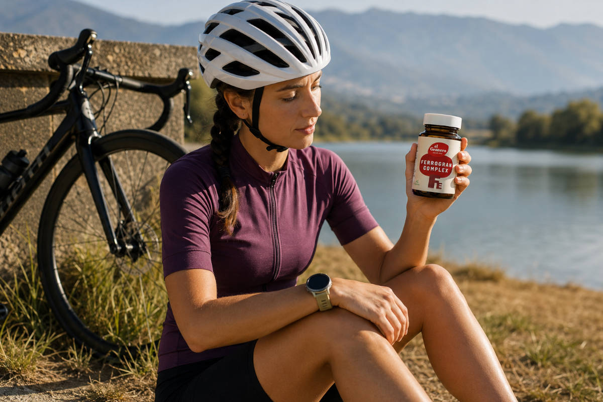 Ciclista sentada junto a un lago y suplemento. Imagen: TodoMountainBike