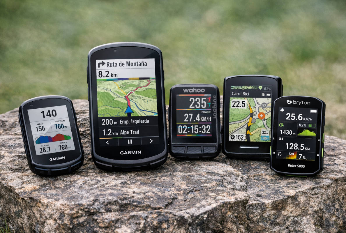 Cinco ciclocomputadores sobre una roca. Imagen: TodoMountainBike