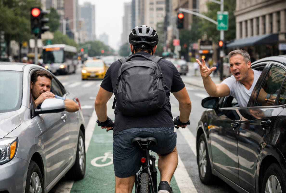 Ciclista urbano compartiendo la calzada con tráfico. Imagen: TodoMountainBike